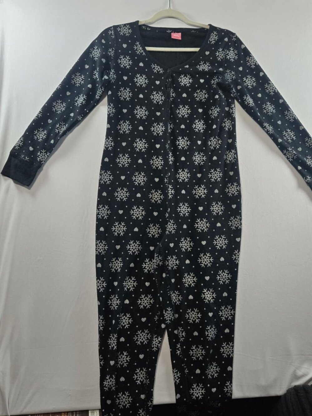 Jenni Jennifer Moore Womens S Union Suit Pajamas Black Snowflake Hearts Holiday